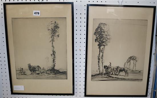 Pair signed etchings